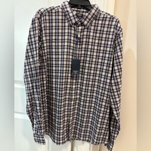 NWT FAHERTY The Movement Shirt Navy Brown White Plaid